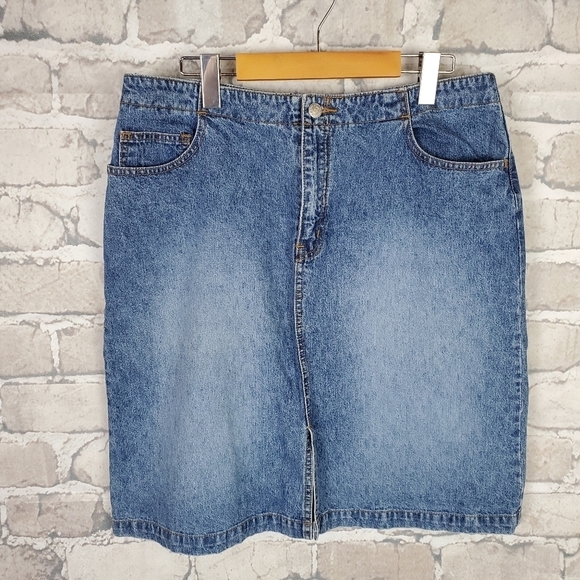 Vintage Dresses & Skirts - Vintage Midi Denim  Skirt 13 Blue Fade Front Slit Cotton Ginny Coastal Festival